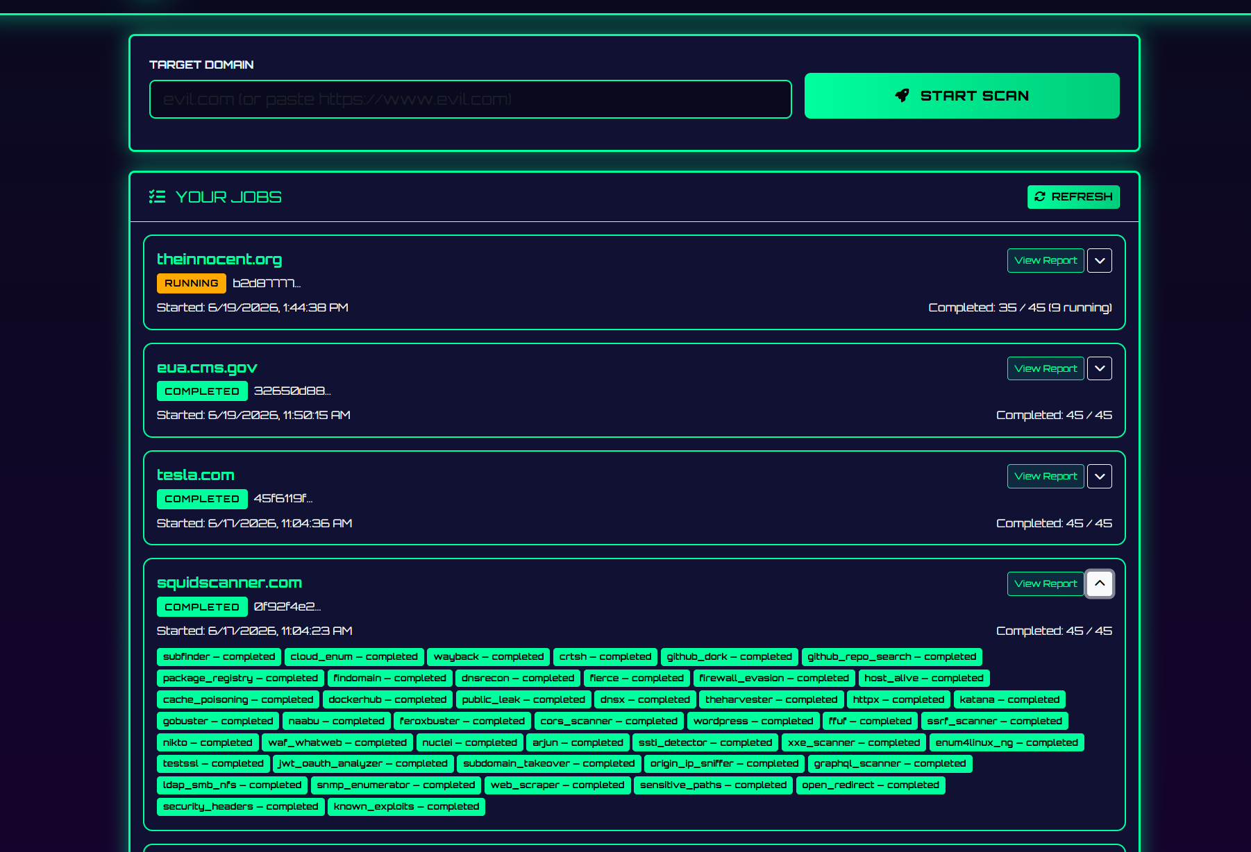 SquidScan Jobs Dashboard — scan starter and job list