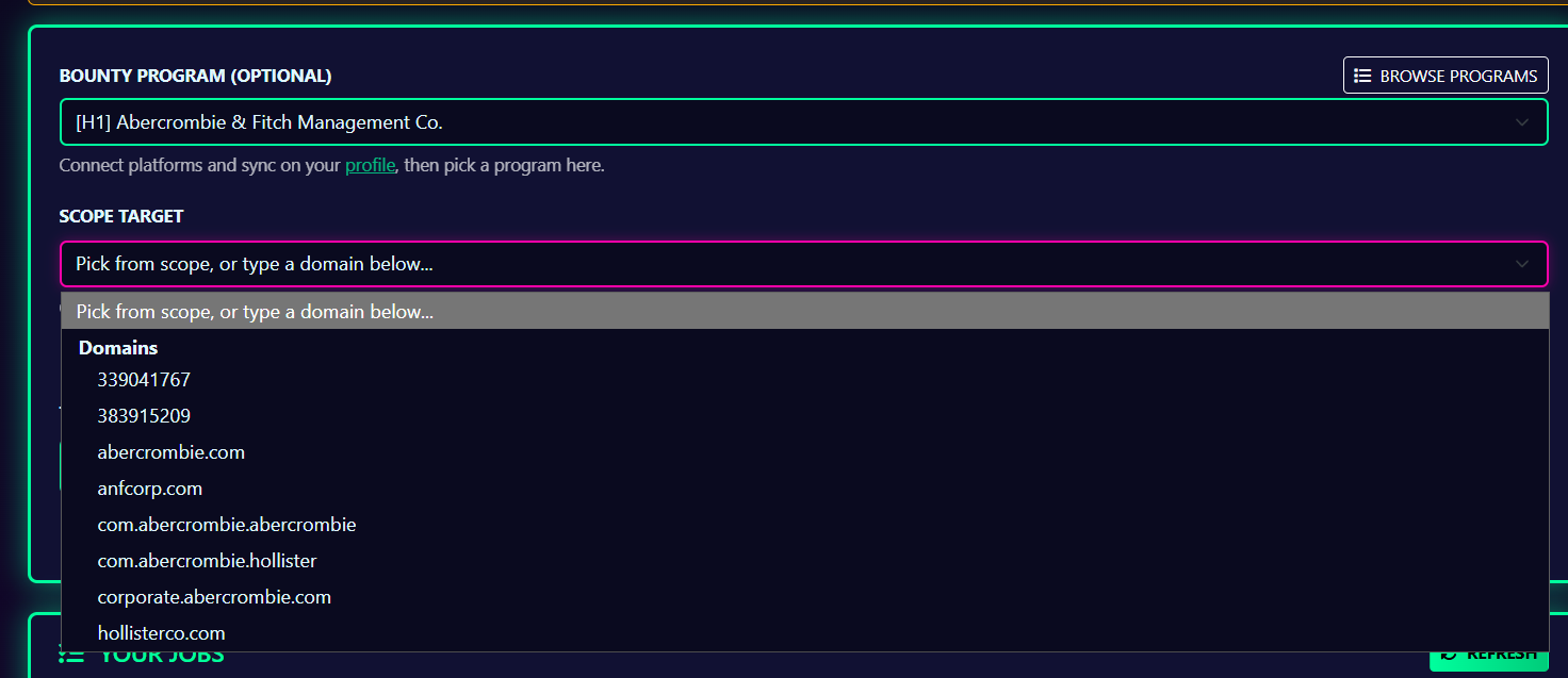 SquidScan HackerOne integration — bounty program picker and scope target selection