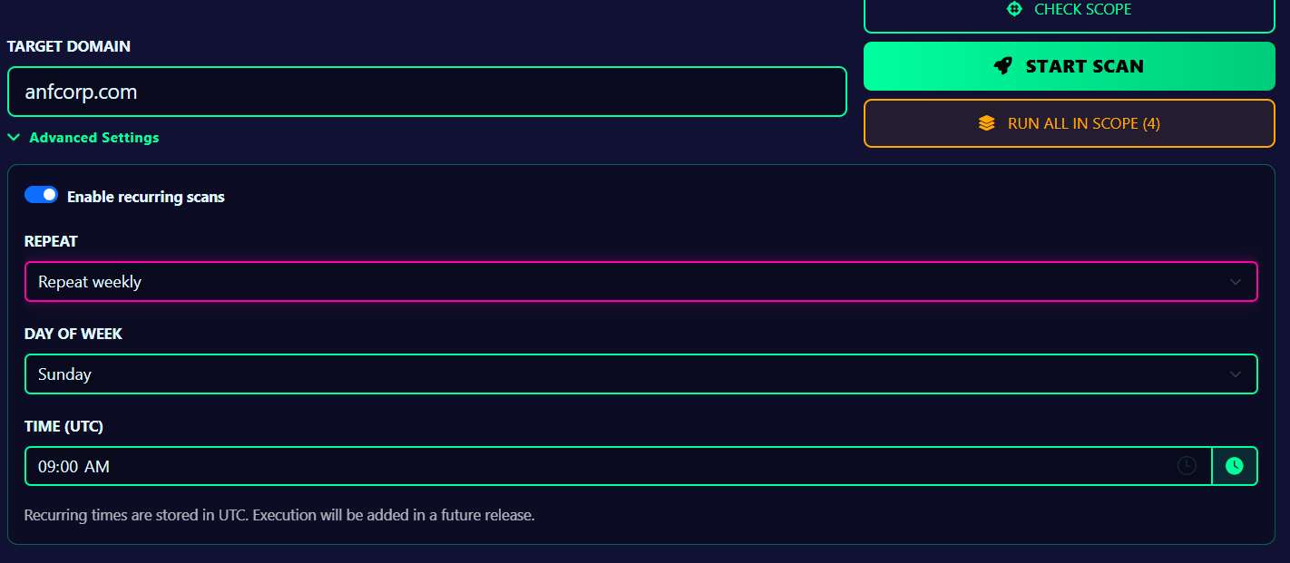 SquidScan scheduled scans — recurring weekly scan configuration in Advanced Settings